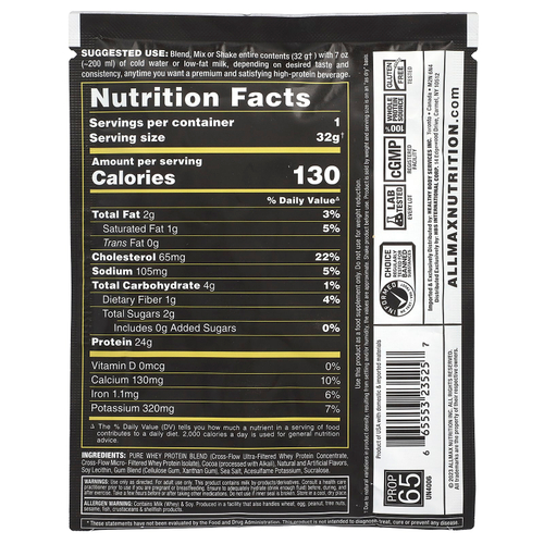 ALLMAX, Gold All Whey, 100% сывороточный протеин премиального качества, шоколад, 32 г (1,13 унции)