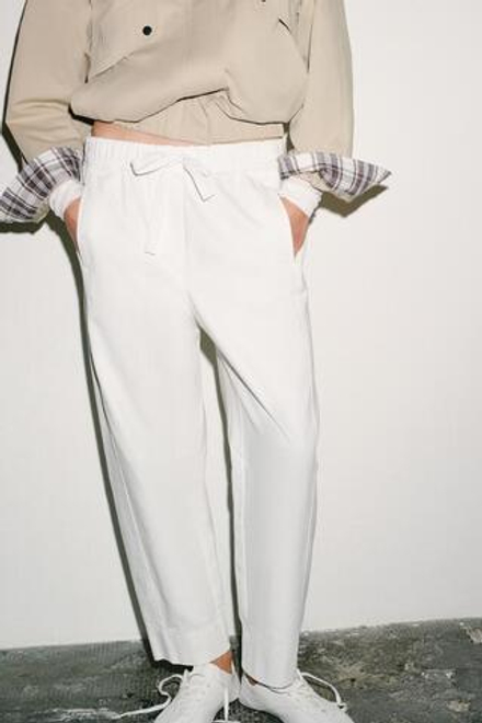 ZARA БРЮКИ С ЭЛАСТИЧНЫМ ПОЯСОМ, БЕЛЫЙ