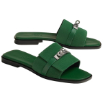 Hermes Giulia leather classic palladium-plated shoe buckle one-word slippers women's green, H232130Z I0