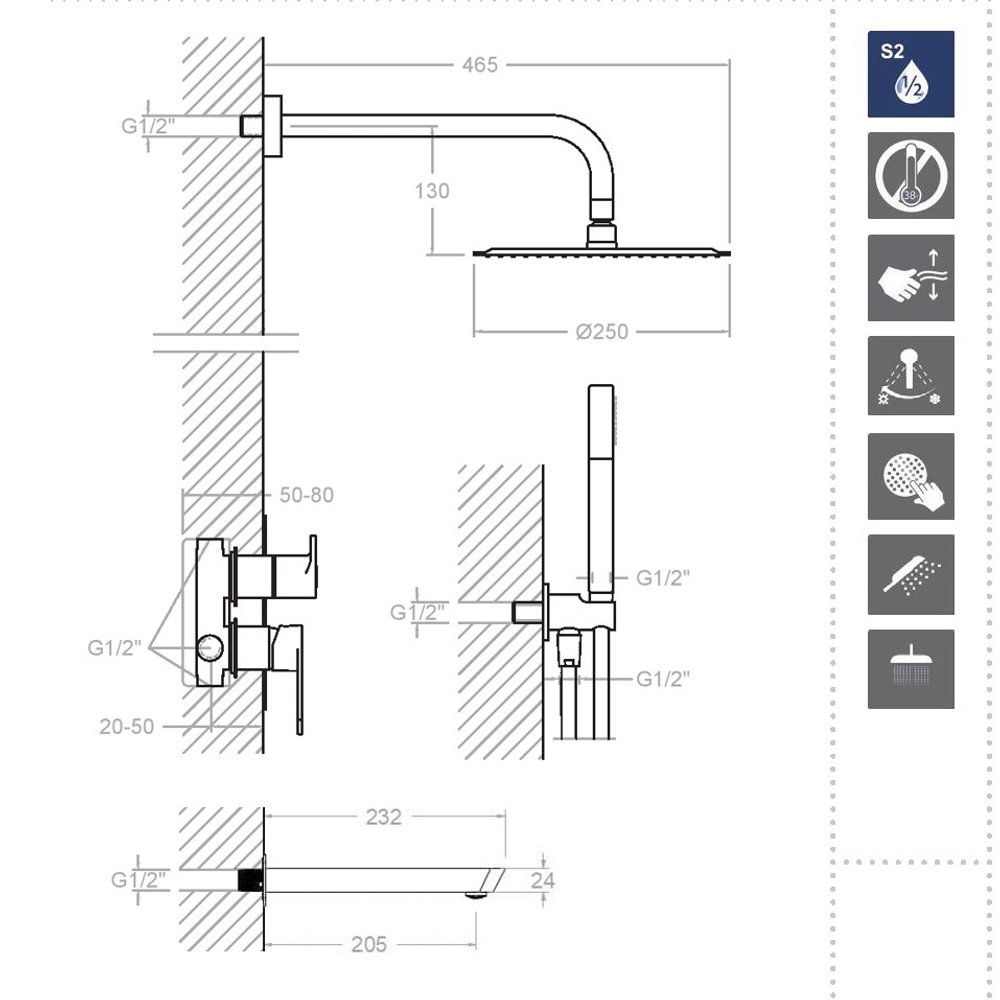 Встраиваемый смеситель для душа с изливом, тропическим и ручным душем ALEXIA K3615031