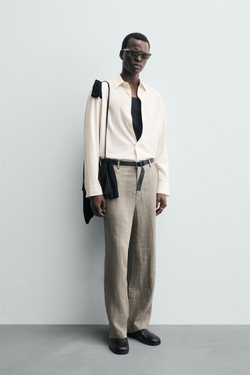 ZARА РУБАШКА ИЗ ХЛОПКА И ВИСКОЗЫ В ПОЛОСКУ, БЕЖЕВЫЙ