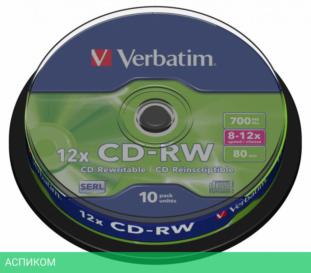 CD-RW диск Verbatim 700MB 12x Cake Box (43480)