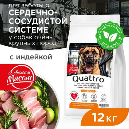 Корм сухой для взрослых собак очень крупных пород, премиум полнорационный комплекс, для заботы сердечно-сосудистой системы, с индейкой, 12 кг, QUATTRO