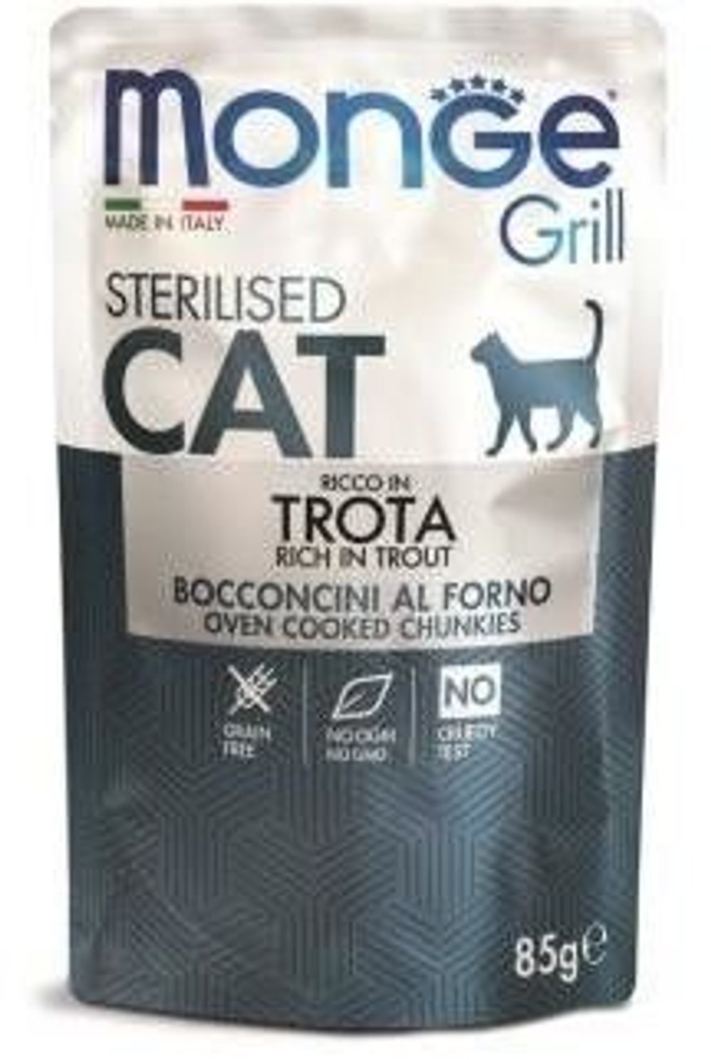 Корм для кошек Monge Cat Grill Pouch для стерилизованных кошек итальянская форель пауч, 85г