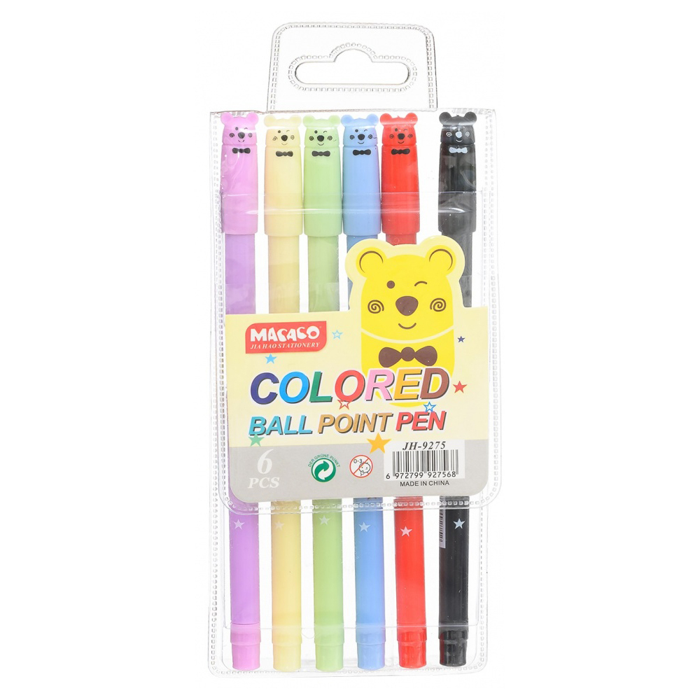 Ручка шариковая, масляная, Basir, цветные чернила, серия "Мишки", фигурный колпачок, цветной корпус в цвет чернил, 6 шт