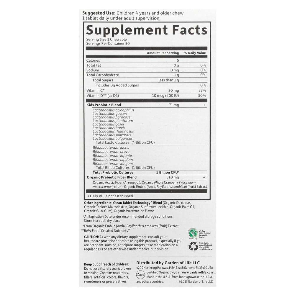 Garden of Life, Dr. Formulated Probiotics, органические жевательные таблетки для детей с пробиотиками и витаминами C и D, вкусный органический арбуз, 30 вкусных жевательных таблеток