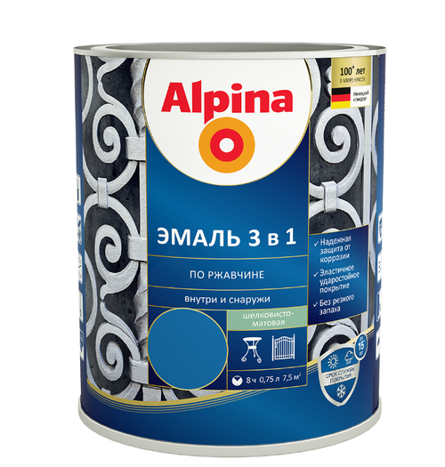 ЭМАЛЬ ПО РЖАВЧИНЕ ALPINA 3 В 1 ШЕЛК-МАТ ЦВЕТНАЯ RAL5005, 0,75Л / 0,80КГ