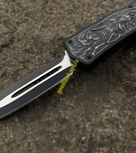 Тактический складной нож фронтально-выкидной автоматический Черно-серый 3D