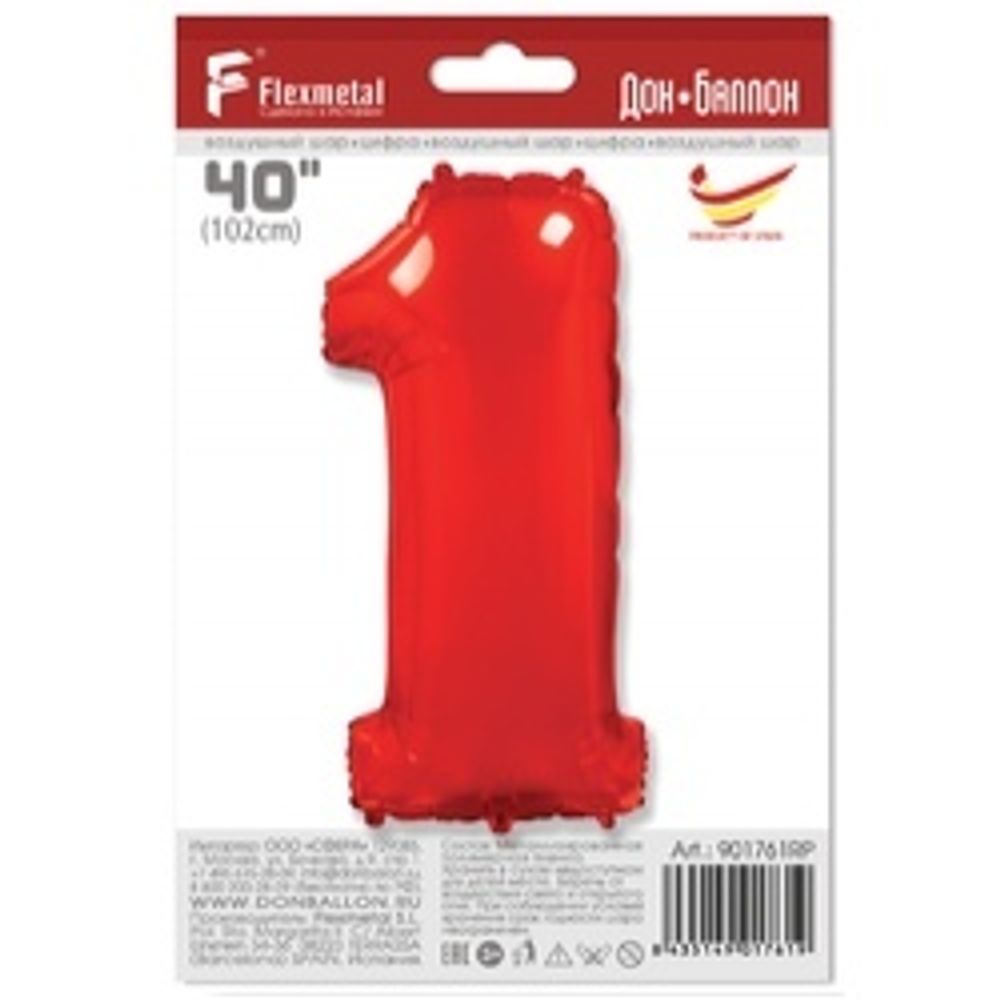 Шар (40"/102 см) Цифра, 1, Красный, в упаковке