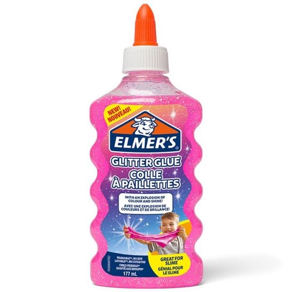 Клей канцелярский Elmers Glitter Glue, 200 г, 177 мл для слаймов, с блёстками, розовый