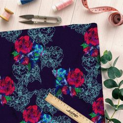 Ткань таффета красно-синие с паутинкой цветов