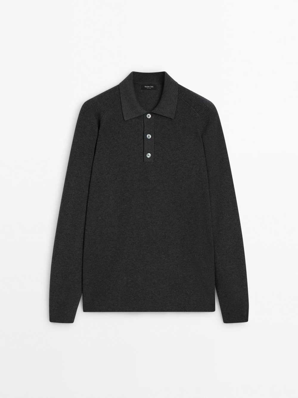 Massimo Dutti Вязаный свитер с воротником-поло, серый