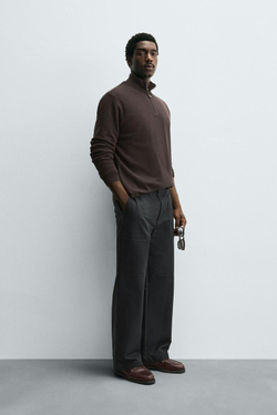 ZARA ДЖЕМПЕР ЖЕМЧУЖНОЙ ВЯЗКИ С МОЛНИЕЙ, ТЕМНО-КОРИЧНЕВЫЙ