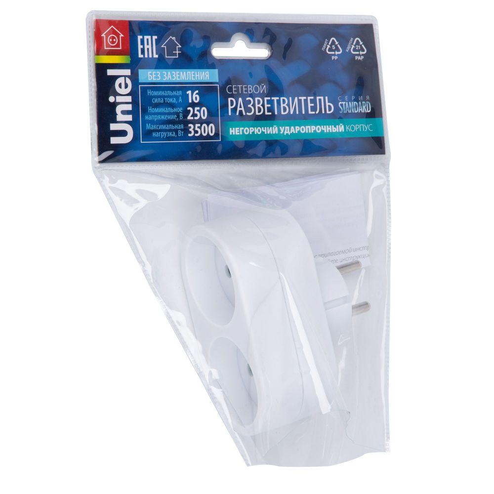 S-ES2-16O WHITE Разветвитель сетевой. б-з. 2 гнезда. 16А. 3500Вт. Белый. ТМ Uniel