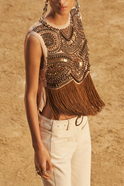 ZARA ТОП С ВЫШИВКОЙ И БАХРОМОЙ, ЦВЕТ ВЕРБЛЮЖЬЕЙ ШЕРСТИ