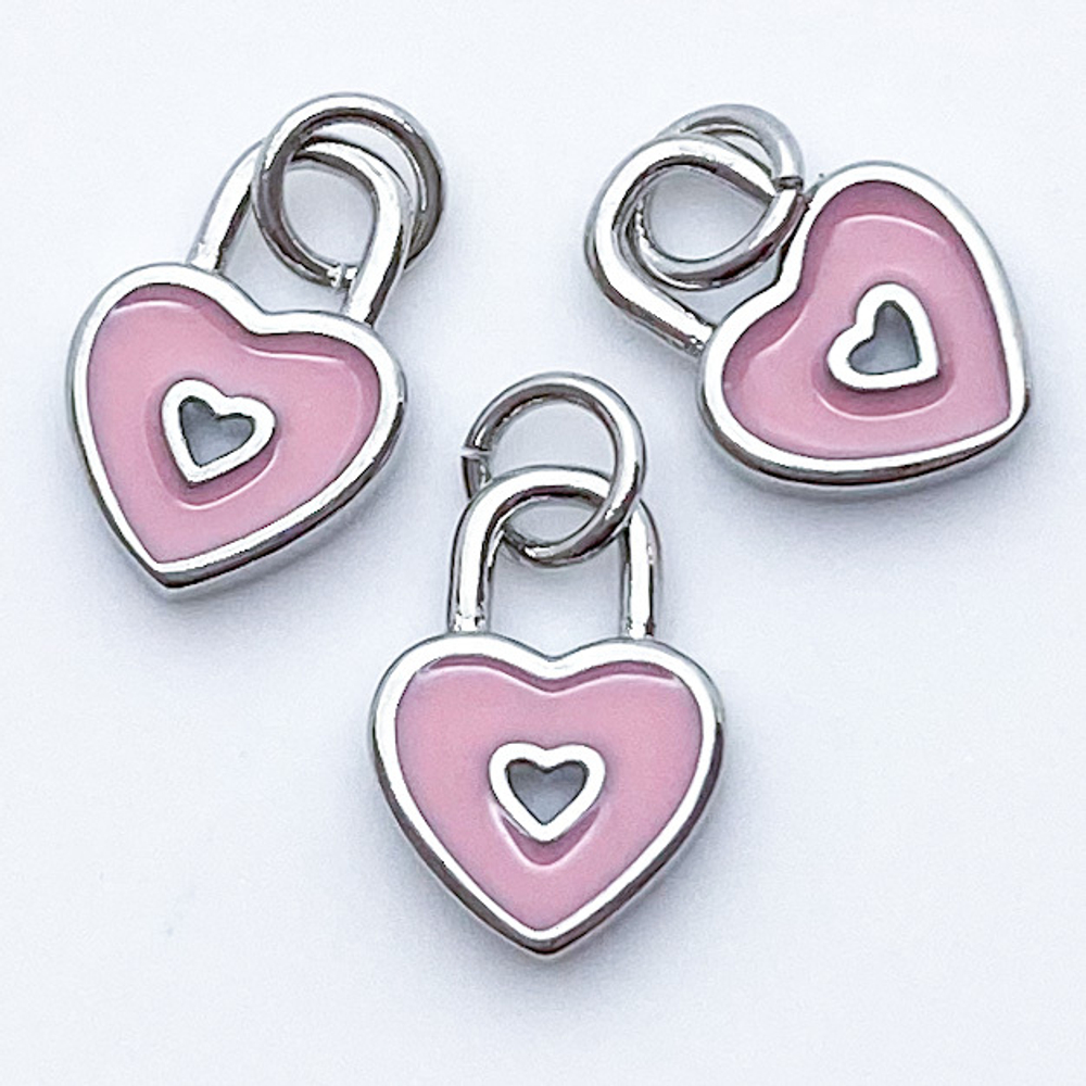 Подвеска Замочек Сердце, цвет серебро+красный, размер 12*9 мм, цена за 1 шт