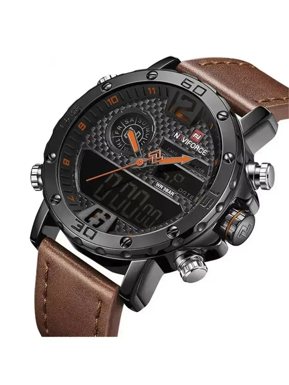 Часы наручные кварцевые NAVIFORCE на кожаном ремешке, черный/коричневый W8710-01