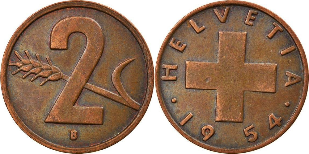 Швейцария 2 раппена, 1948 - 1974 Герб XF