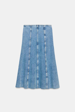 ZARA ДЖИНСОВАЯ ЮБКА МИДИ Z1975 С ОТСТРОЧКОЙ, ВЫЦВЕТШИЙ СИНИЙ
