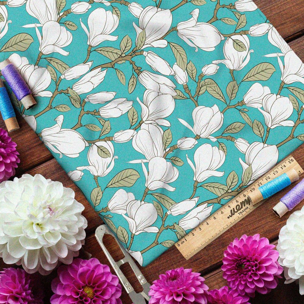 Ткань бифлекс белые бутоны на бирюзовом фоне