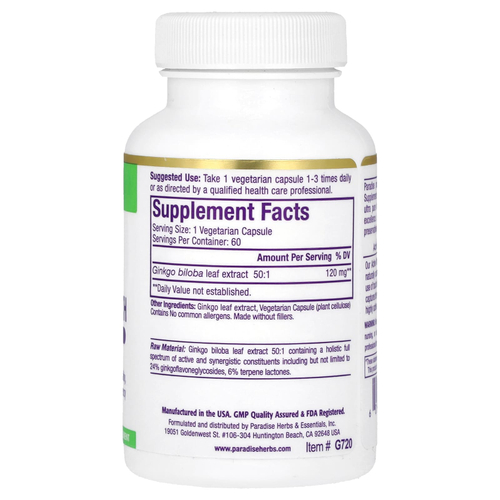 Paradise Herbs, гинкго, 120 мг, 60 вегетарианских капсул