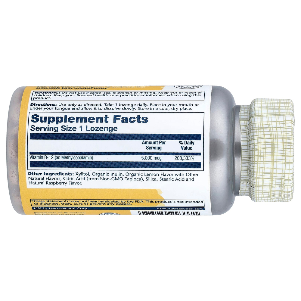 Solaray, метил B12 в форме пастилок, с натуральным лимонным вкусом и малиной, 5000 мкг, 60 пастилок