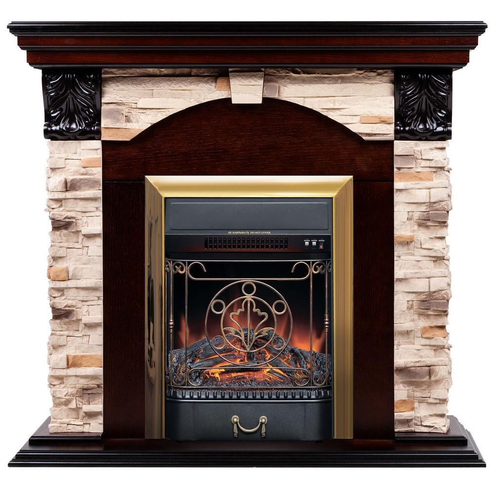 Электрокамин RealFlame Dublin Rock AO античный дуб с очагом Majestic Lux Brass