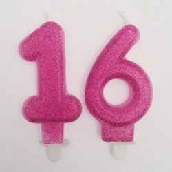 РАСПРОДАЖА СВЕЧА ЦИФРА 16 РОЗОВАЯ С БЛЕСТКАМИ 6СМ