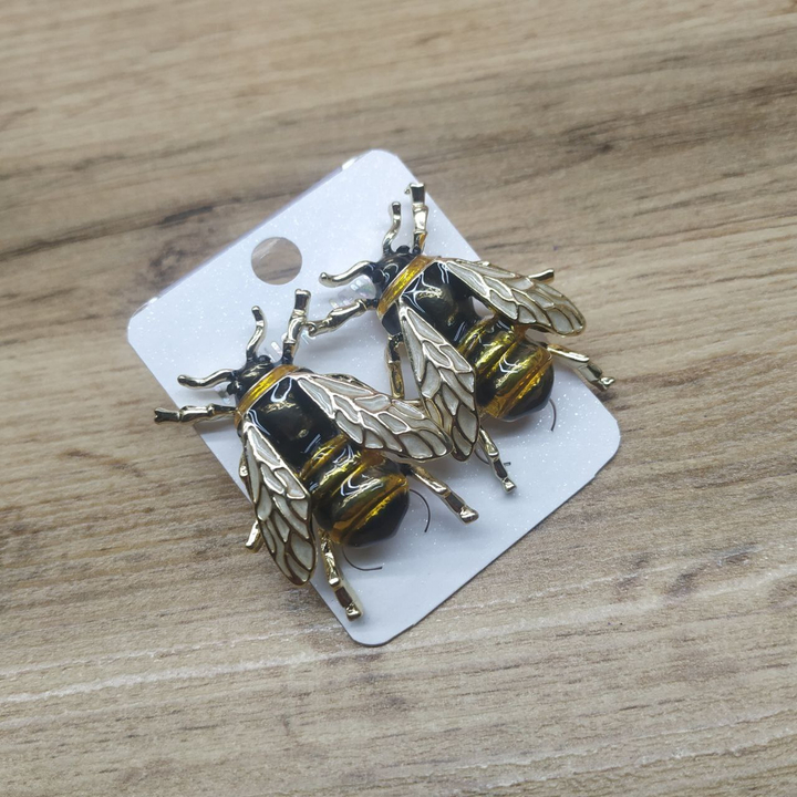 Серьги-гвоздики Пчела эмаль желтая черная крылья белые металл золотистый