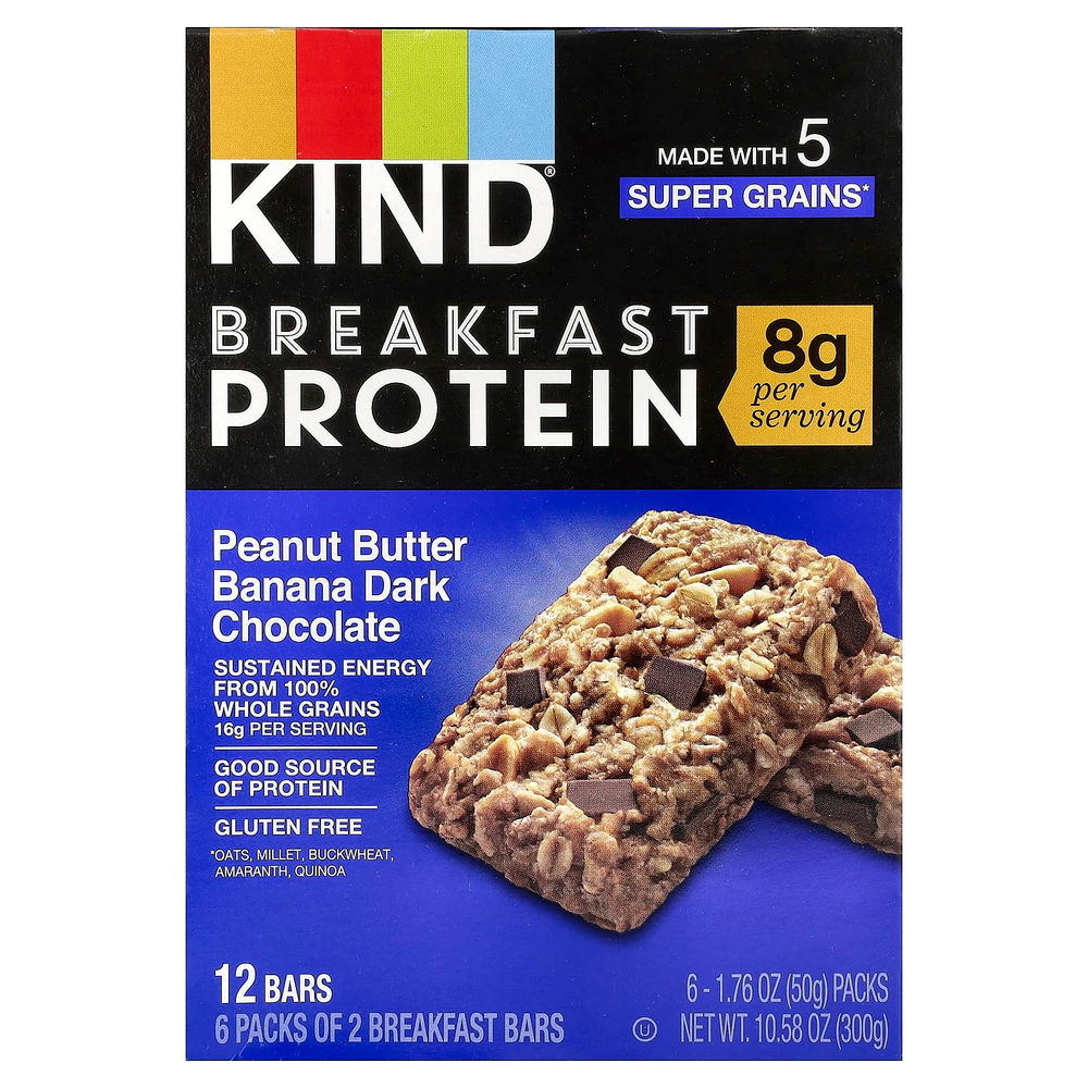 KIND Bars, протеиновые батончики для завтрака, арахисовая паста, банан и темный шоколад, 6 упаковок по 50 г (1,76 унции)