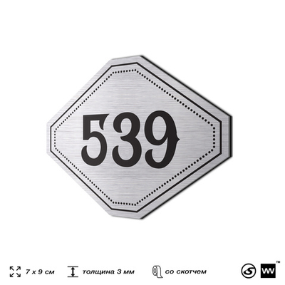 Номерок на дверь квартиры 539, для кабинета, офиса, шильдик 9 х 7 см, серебристый, Айдентика Технолоджи