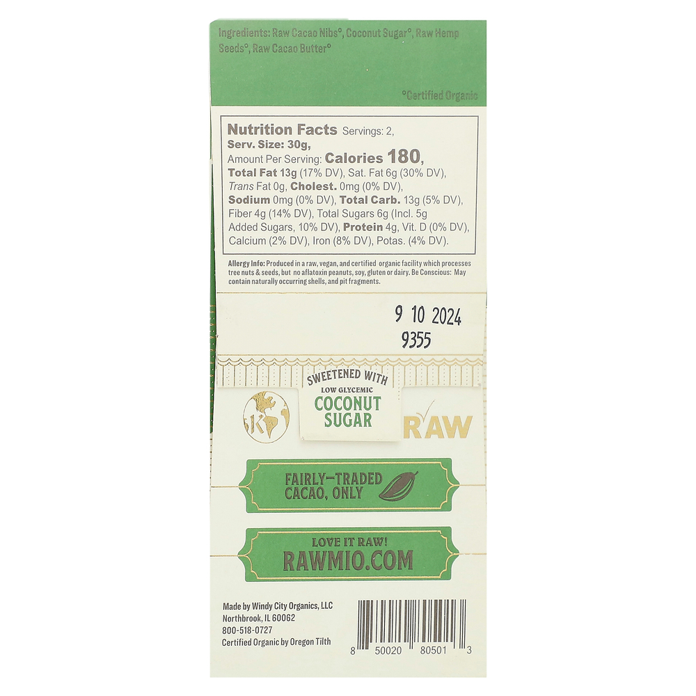 Rawmio, Simply Hemp, шоколадный батончик, 70% перуанского какао, 60 г (2,12 унции)