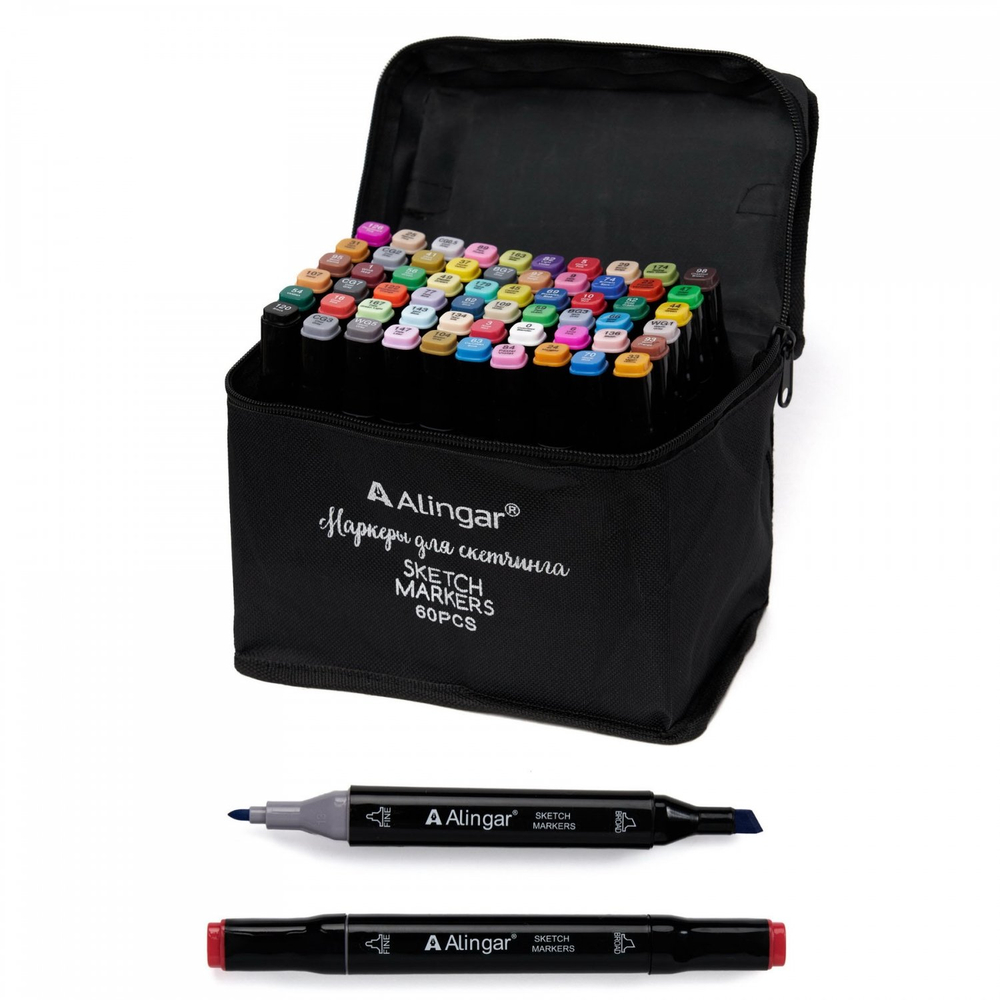Набор скетчмаркеров DUO Alingar, 60 цветов, пулевид./клиновид 1-6 мм, сечение корпуса квадрат, спирт. осн, сумка-чехол с ПВХ каркас-ячейками