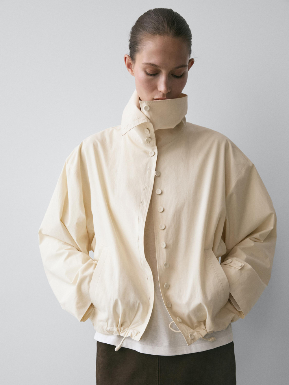 Massimo Dutti Куртка из хлопка с пуговицами, натуральный/кремовый