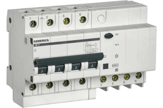 Дифференциальный автоматический выключатель АД14 4Р 50А 100мА GENERICA