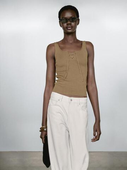 Massimo Dutti Трикотажный топ в рубчик с завязками, охра