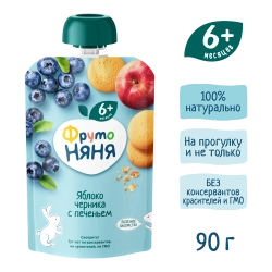 Фрутоняня пауч пюре из яблок, черники с печеньем 90г с 6 месяцев