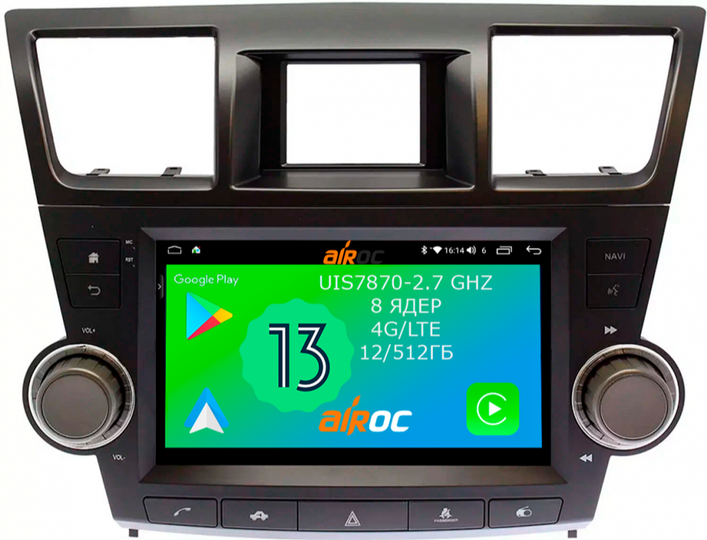 Магнитола для Toyota Highlander 2 2007-2013 XU40 - Airoc 2K AU-1122B Android 13, TS20, 12/512Гб, SIM-слот (кнопки + крутилки)
