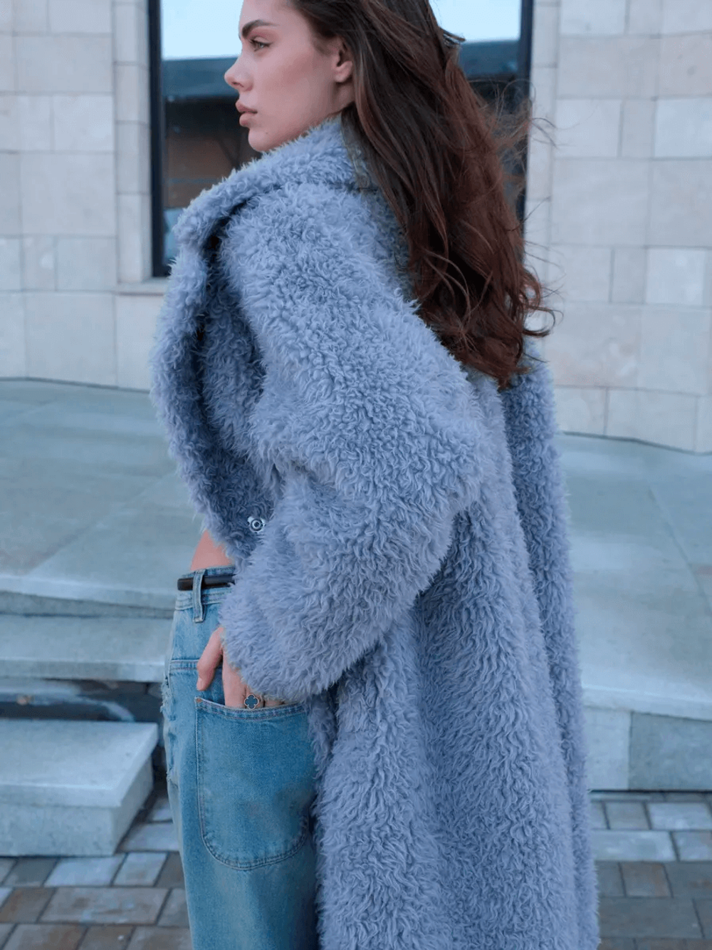 Шуба из шерсти мериноса, стальная, SilverFox