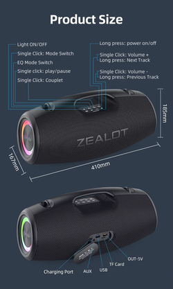 Портативная колонка Zealot "S78M", с микрофоном, 120W, влагозащита, Bluetooth, черная