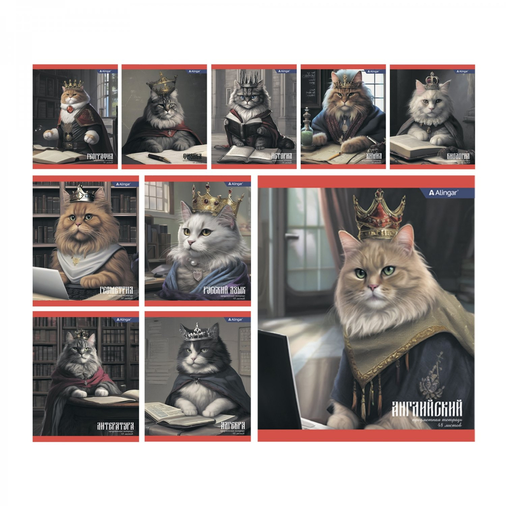 Комплект предметных тетрадей А5 48л., 10 предметов, со справ матер, скрепка, мелов. картон (стандарт), блок офсет, Alingar "Коронованные коты"