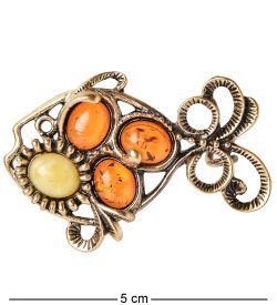 AM-1644 Брошь «Рыбка Чешуя» (латунь, янтарь)