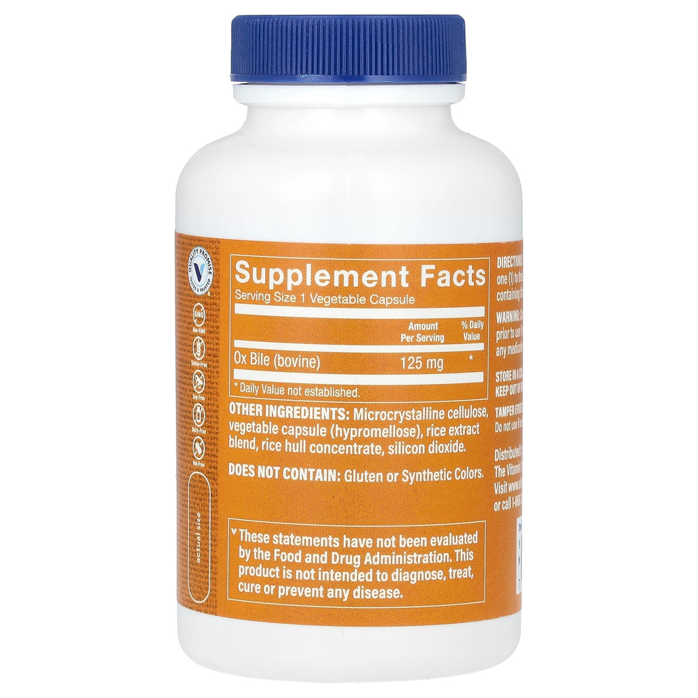 The Vitamin Shoppe, Бычья желчь, 100 растительных капсул (125 мг на капсулу)