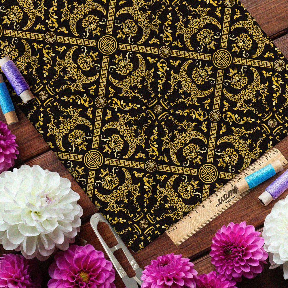 Ткань блэкаут богатый самурайский узор на чёрном фоне