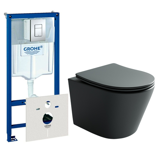 Комплект подвесной безободковый унитаз Ceramica Nova Balearica CN6000MDH Темный антрацит матовый с сиденьем Микролифт + инсталляция Grohe Rapid SL 38775001 4 в 1 с кнопкой смыва