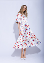 Женское дизайнерское платье белого цвета с разноцветным цветочным узором