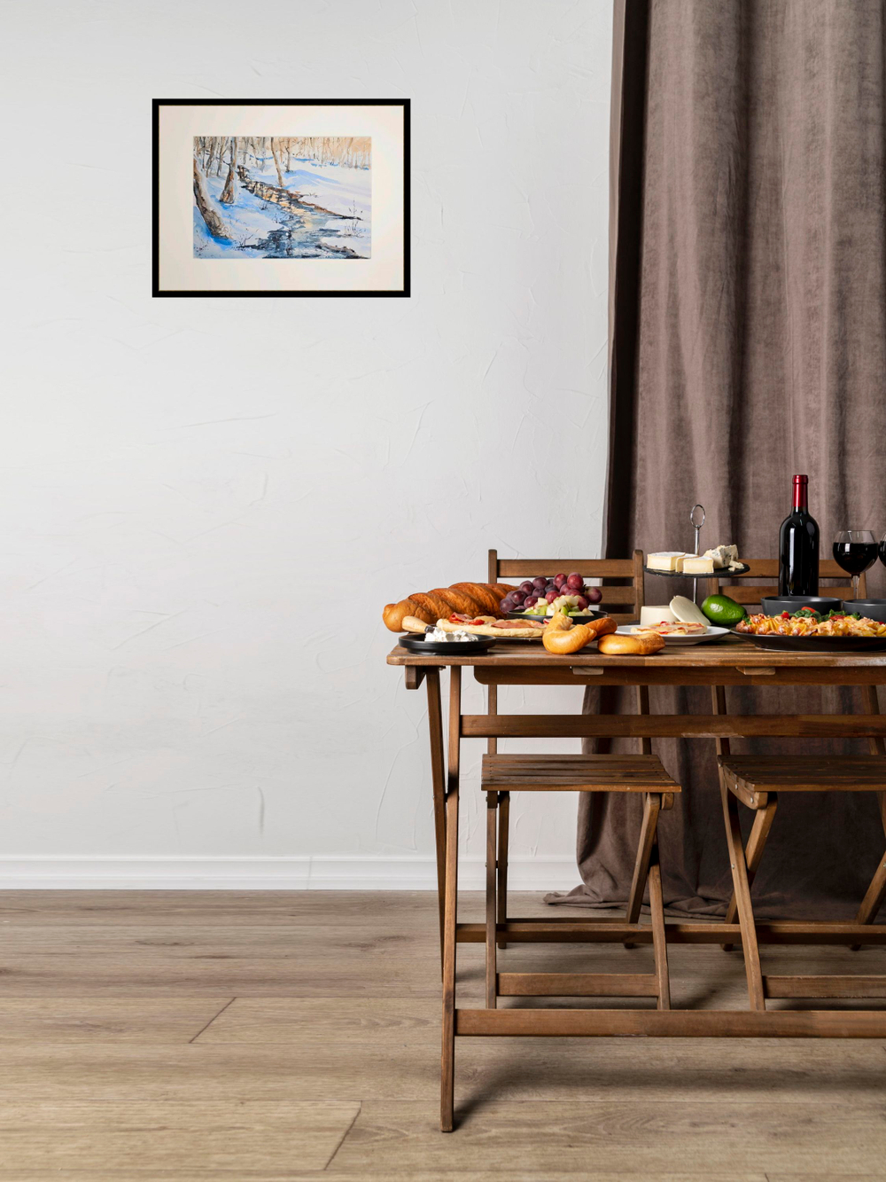 Картина авторская акварельная в паспарту 30х40 см на стену для интерьера "Зимний ручей"