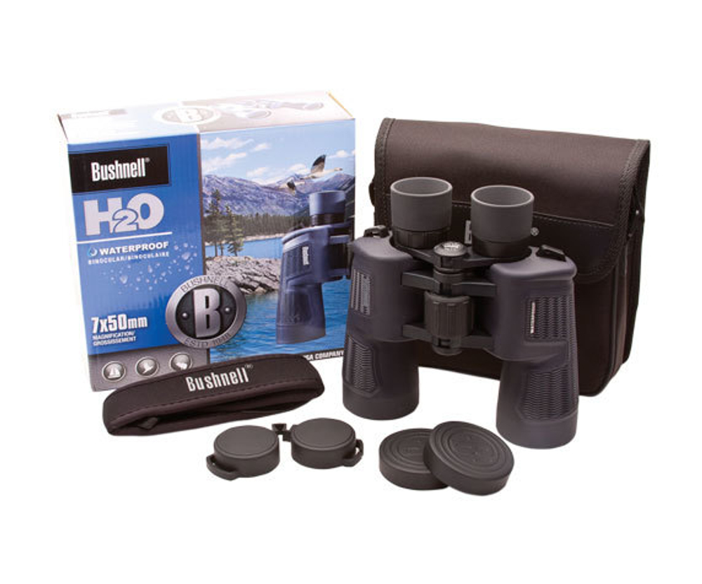 Комплект Bushnell H2O 7x 50: бинокль, ремень, крышки.