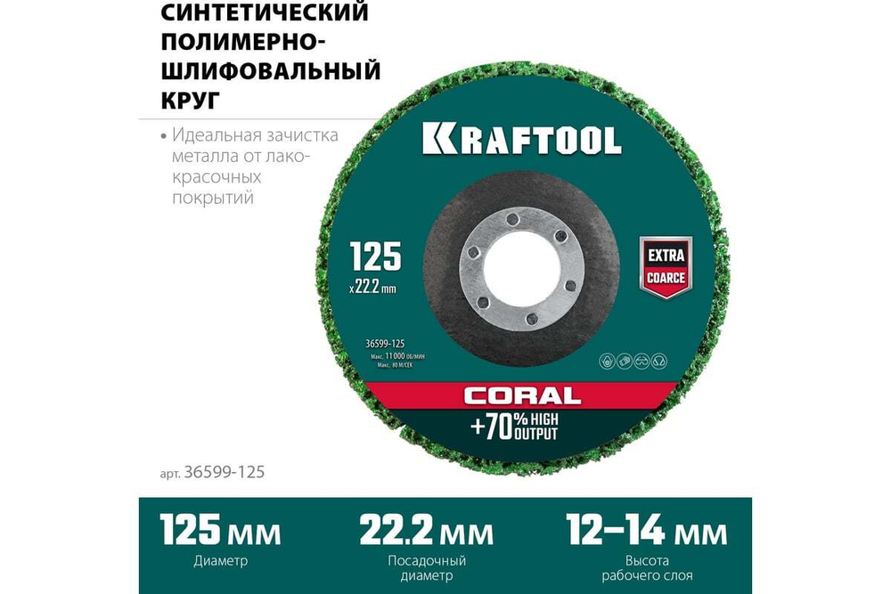Полимерно-шлифовальный синтетический абразивный круг KRAFTOOL Coral 125x22.2 мм 36599-125