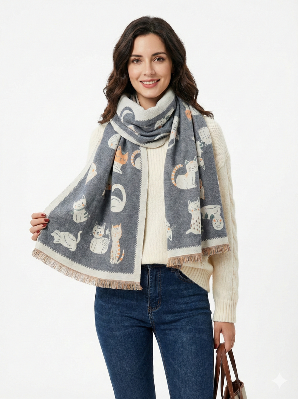 Двусторонний женский шарф с котятами, экокашемир, серый, Китай